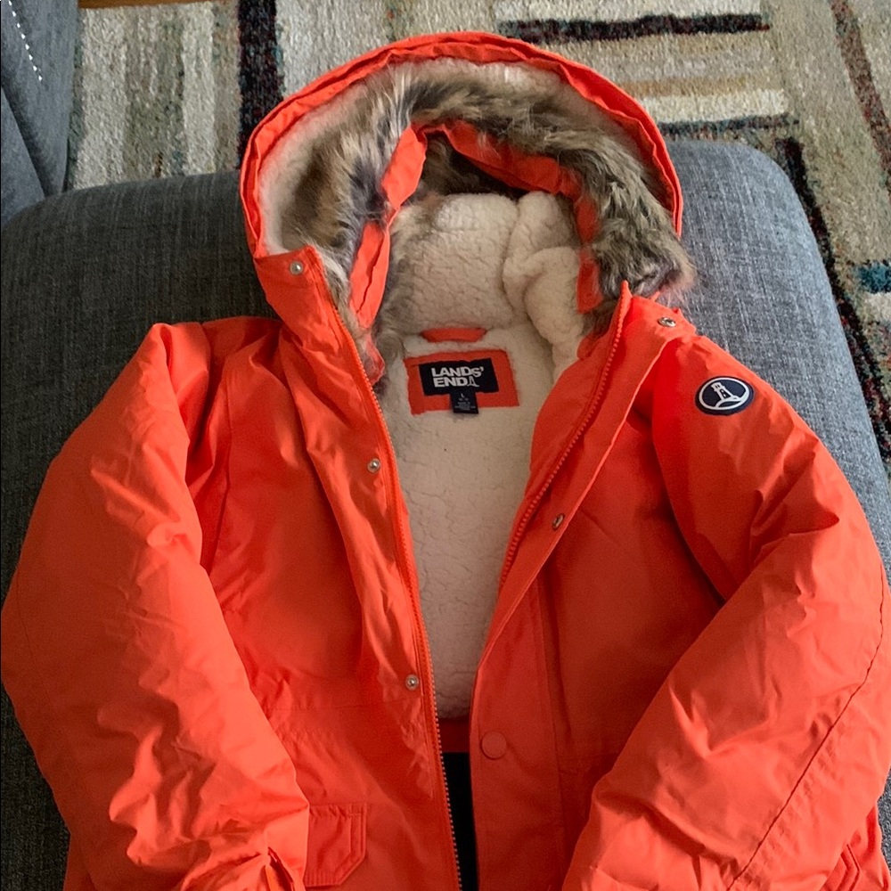Lands' End Orange Parka with Faux Fur Hood
